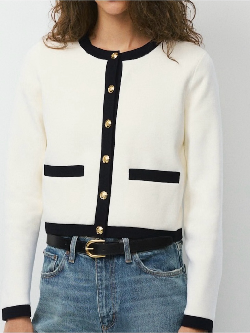 Babaton Cream Knit Jacket with Black Trim and Gold Buttons